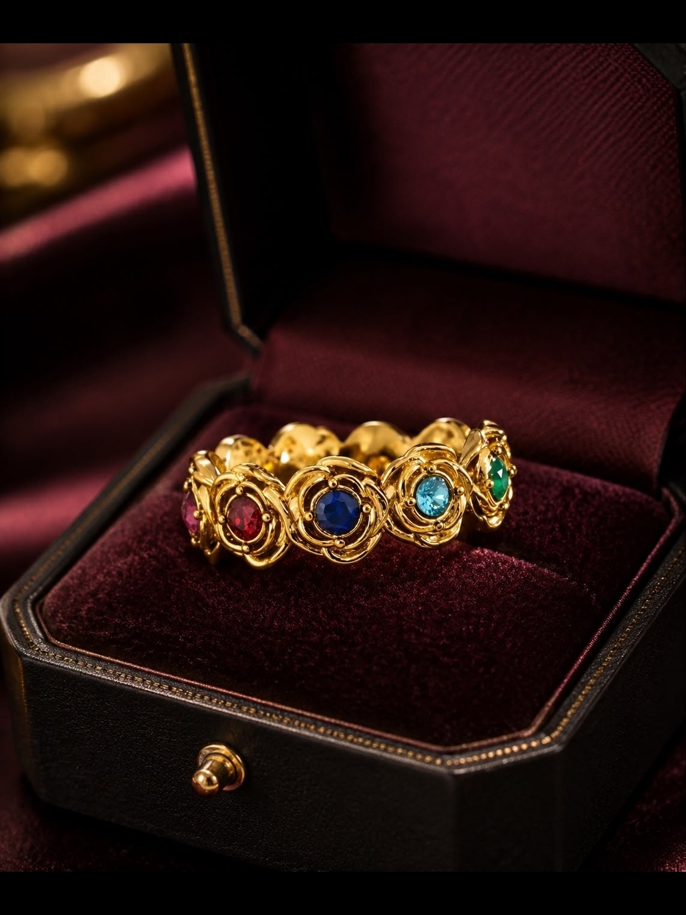 Gold Multigem Floral Band with Red, Blue, Teal & Green Stones